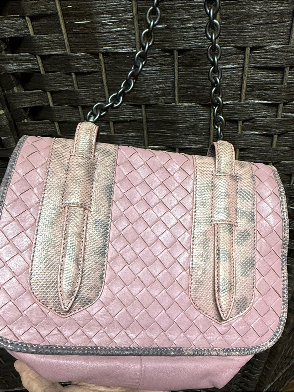 Bottega Veneta Pink Woven Leather Shoulder Bag with Chain Strap